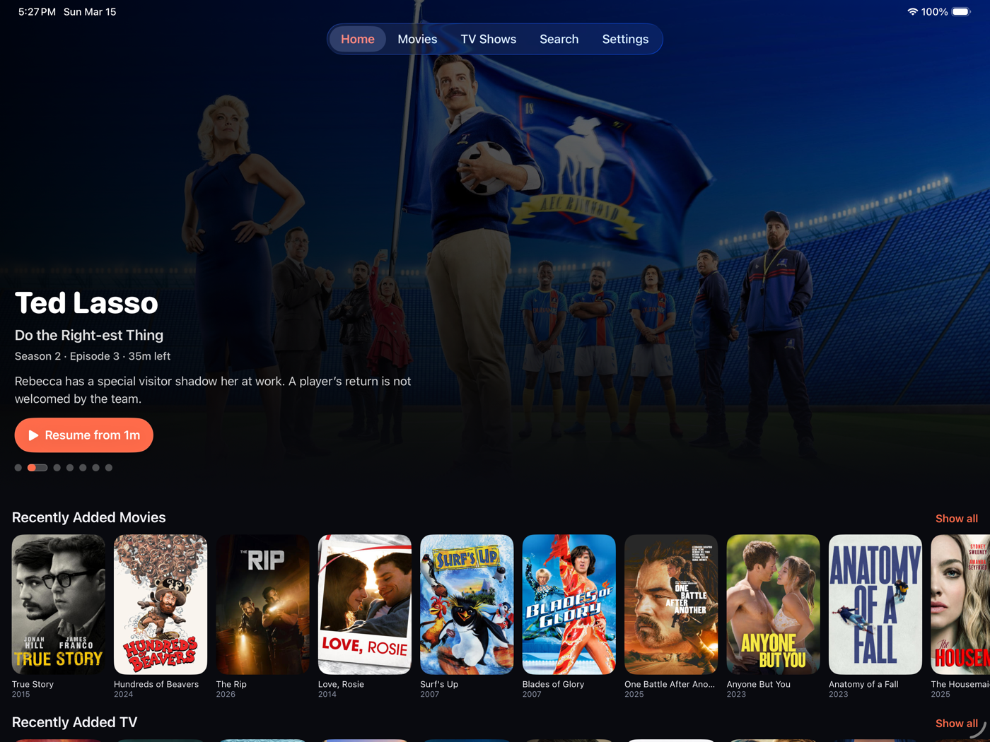 Dusk on iPad showing the home screen with Ted Lasso